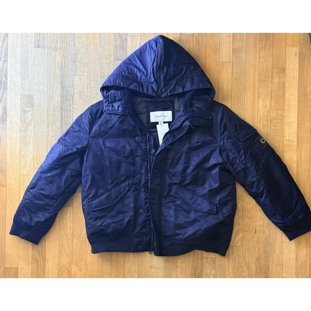 $228 Calvin Klein Oversized Hooded Water Resistant Puffer Bomber Jacket Navy 2XL